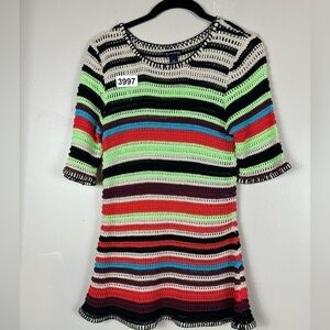 New direction petite small . Crocheted multicolor top excellent preowned conditi